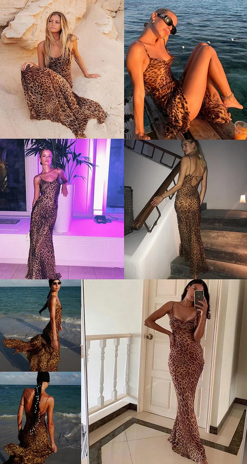 Y2K Leopard Print Long Dress Lace Up