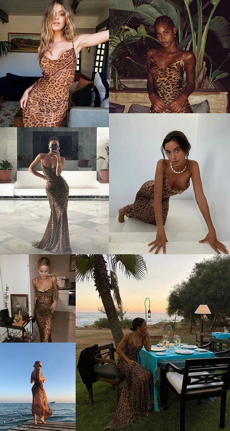 Y2K Leopard Print Long Dress Lace Up
