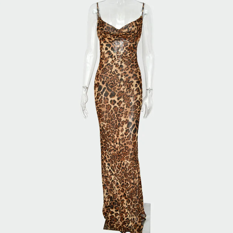 Y2K Leopard Print Long Dress Lace Up