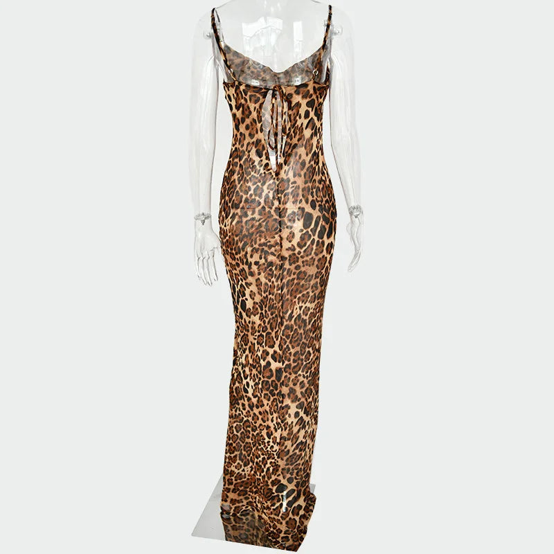 Y2K Leopard Print Long Dress Lace Up