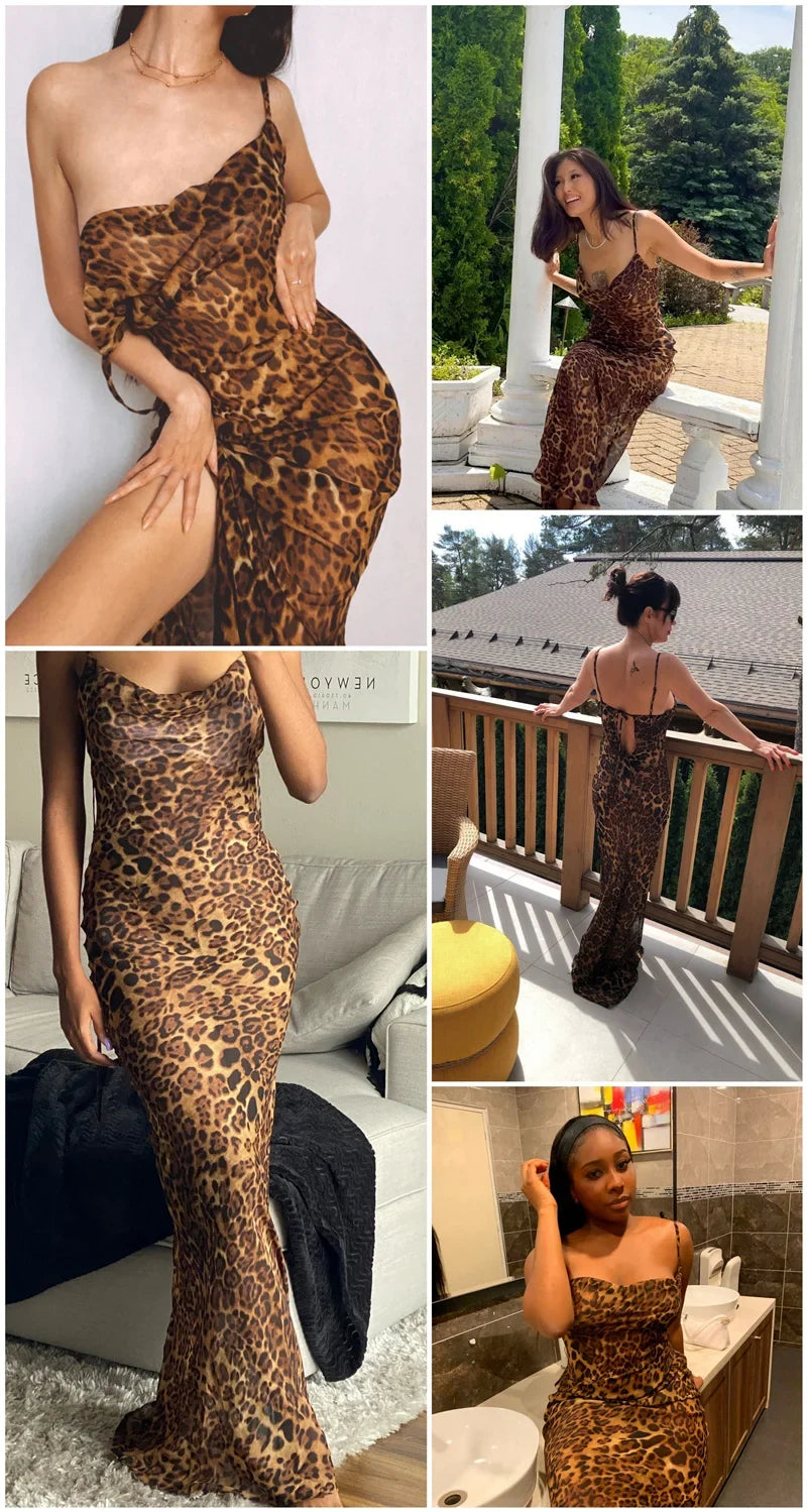 Y2K Leopard Print Long Dress Lace Up