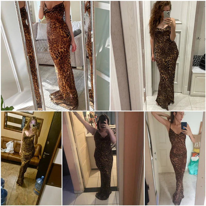 Y2K Leopard Print Long Dress Lace Up