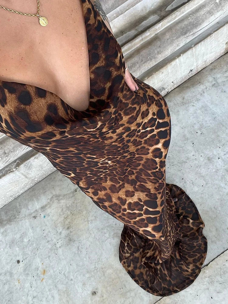 Y2K Leopard Print Long Dress Lace Up
