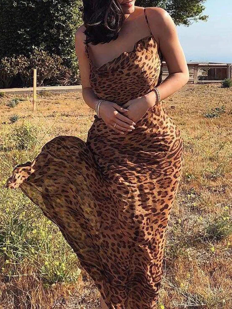 Y2K Leopard Print Long Dress Lace Up