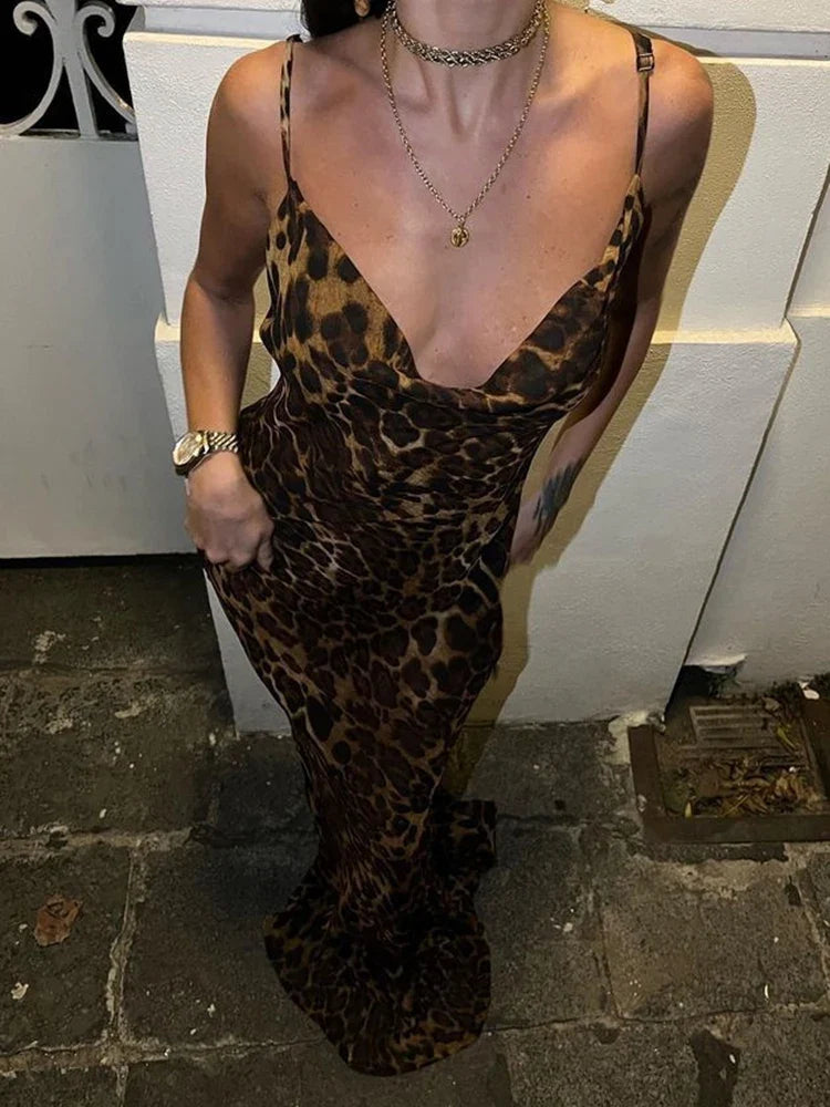 Y2K Leopard Print Long Dress Lace Up