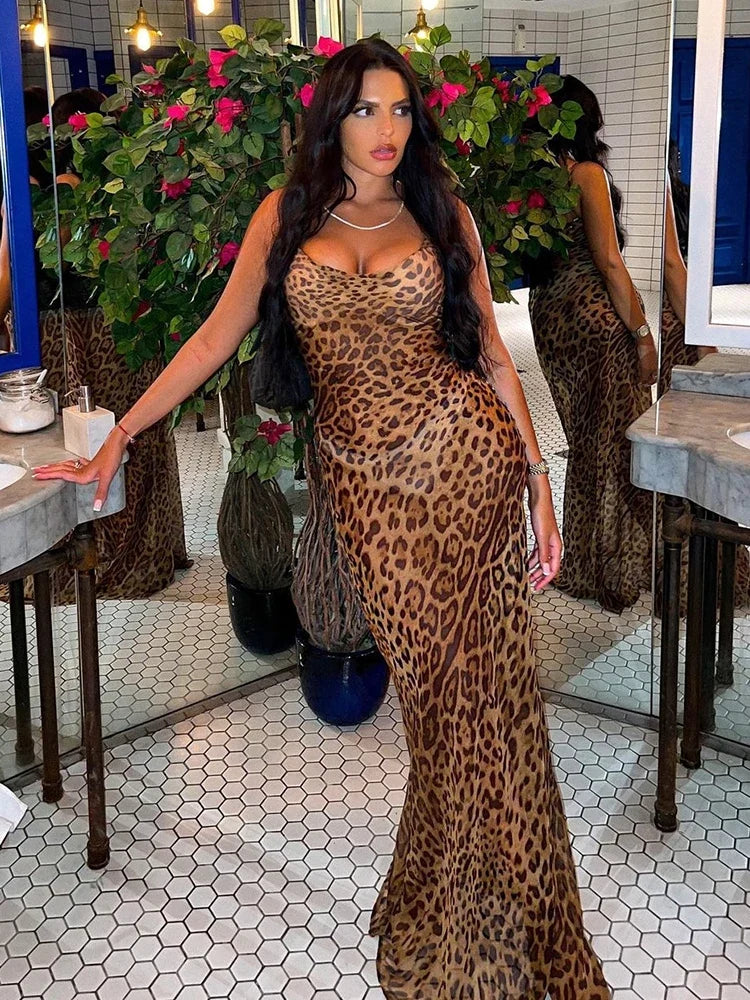 Y2K Leopard Print Long Dress Lace Up