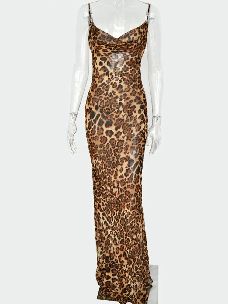 Y2K Leopard Print Long Dress Lace Up
