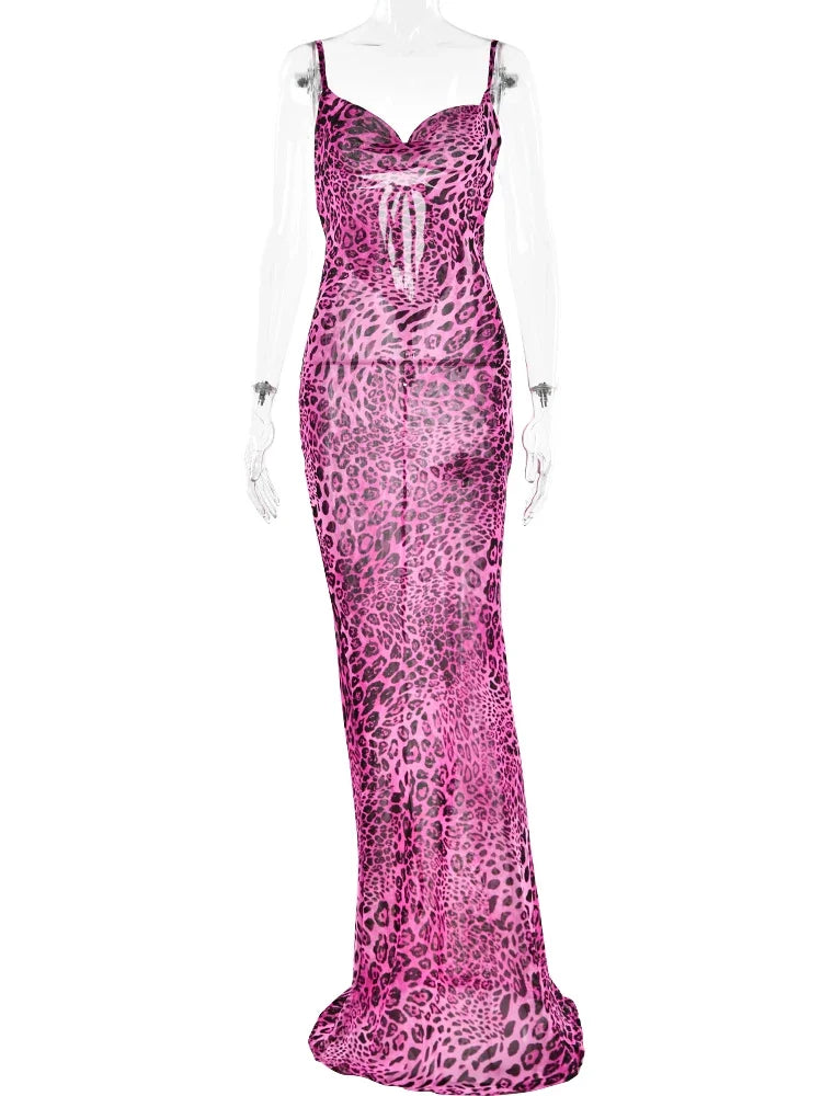Y2K Leopard Print Long Dress Lace Up