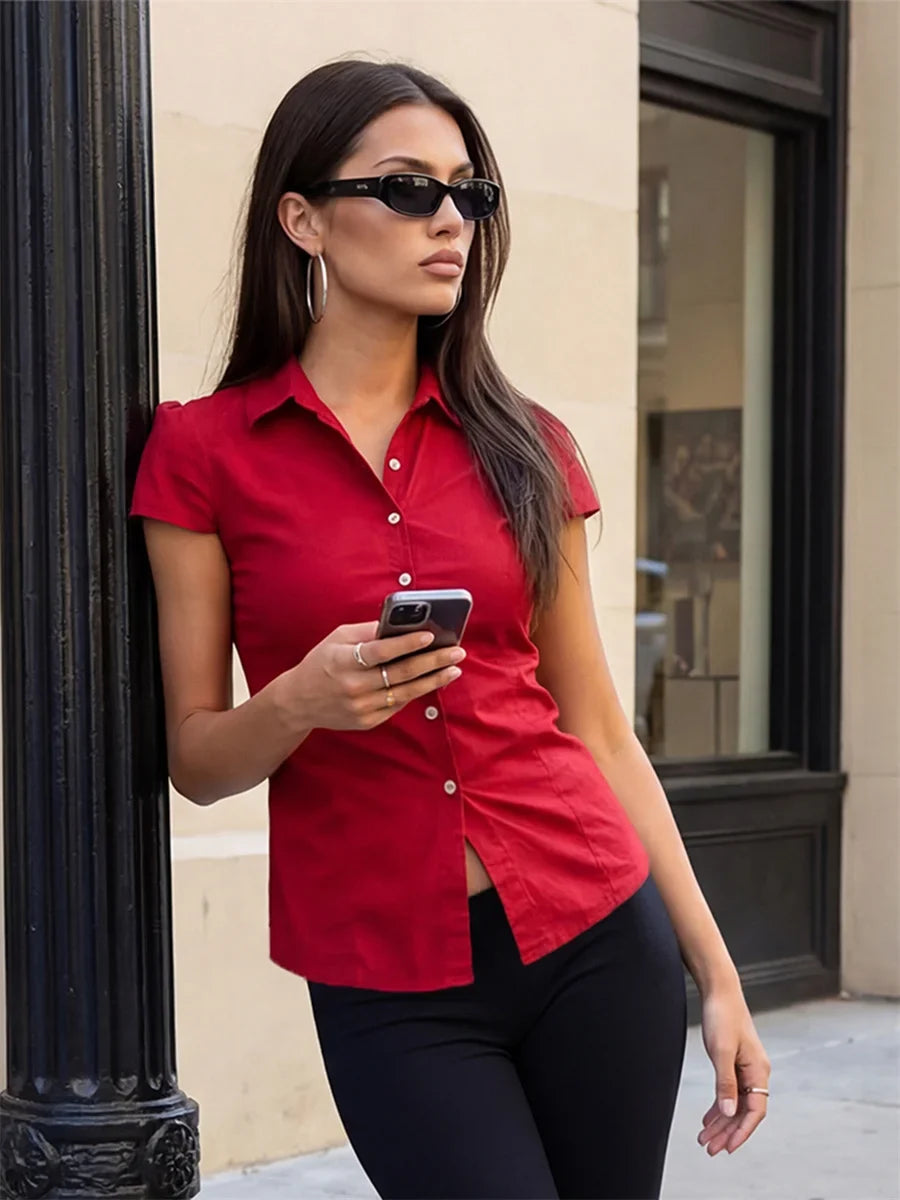 Y2K Short Sleeve Slim Fit Blouses